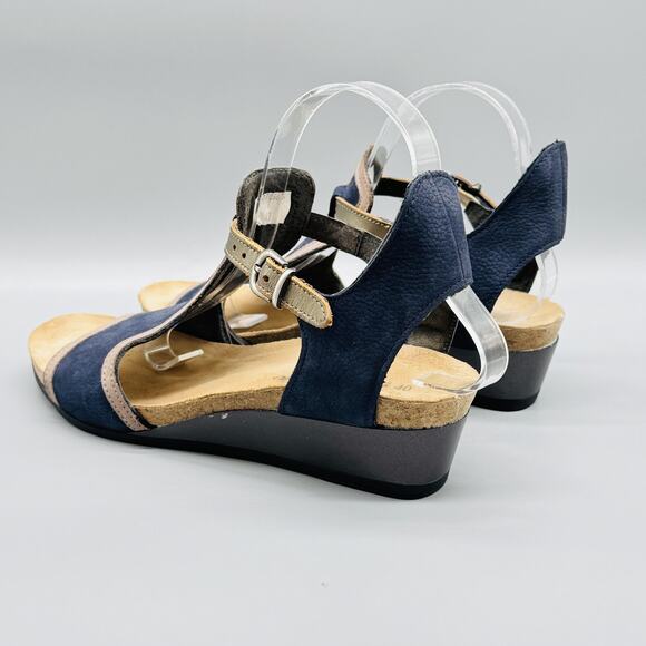 Naot Sandals Womens 9 Blue Leather Fiona Wedge Slingback T Strap Adjustable Cork - Picture 6 of 10